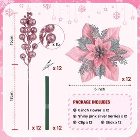 24 Pcs Pink & Silver Boxed 12Pcs Poinsettias Artificial Christmas Flowers+12Pcs Holly Berry Stems for Christmas Tree Decor