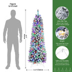 6ft Prelit Multi-Color RGB Lights Snow Flocked Artificial Hinged Slim Pencil Christmas Tree with Remote - SHareconn