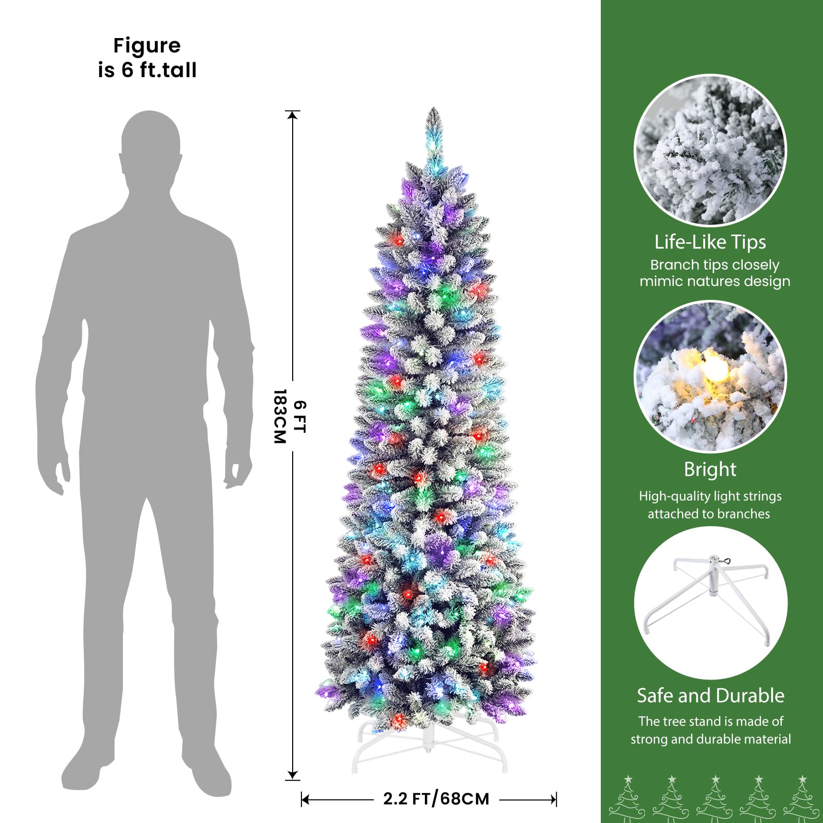 6ft Prelit Multi-Color RGB Lights Snow Flocked Artificial Hinged Slim Pencil Christmas Tree with Remote - SHareconn