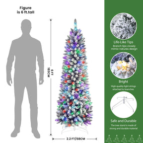 6ft Prelit Multi-Color RGB Lights Snow Flocked Artificial Hinged Slim Pencil Christmas Tree with Remote - SHareconn