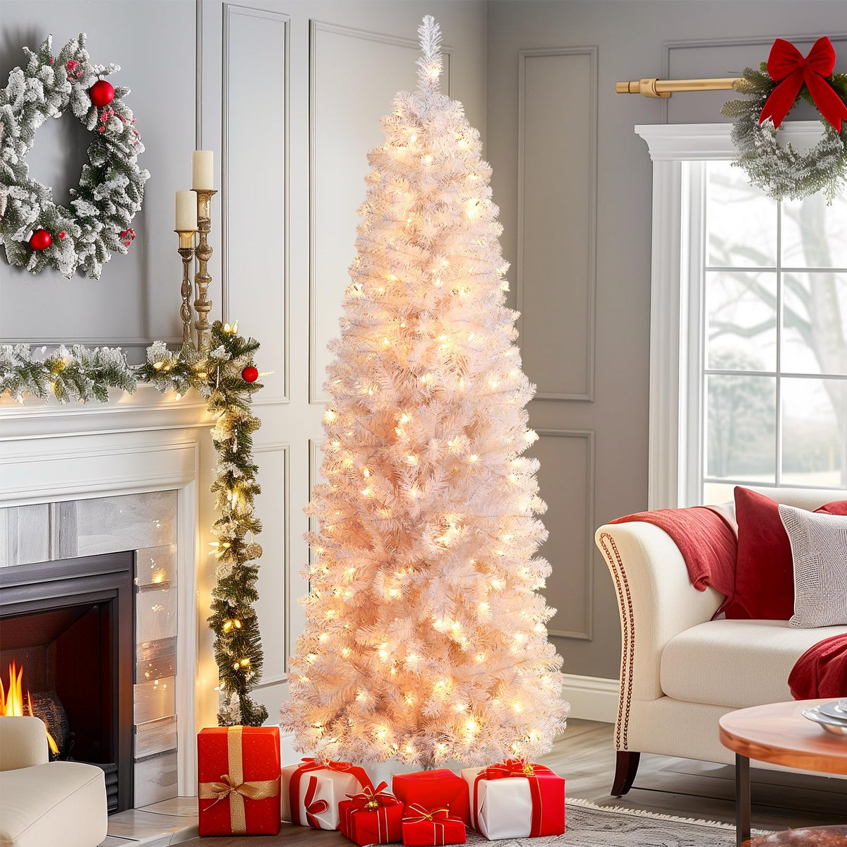 SHareconn 6ft Prelit Artificial Hinged Slim Pencil Christmas Tree with Warm White Lights, Full Branch Tips, Perfect Choice Decoration for Xmas Holiday, 6 FT, White - SHareconn
