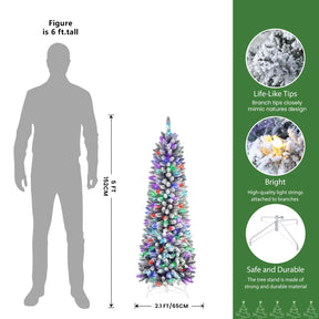 SHareconn 5ft Prelit Snow Flocked Artificial Hinged Slim Pencil Christmas Tree, with Remote Controlled Multi-Color RGB Lights, Full Branch Tips, Perfect Choice Decoration for Xmas Holiday, 5 FT, White - SHareconn