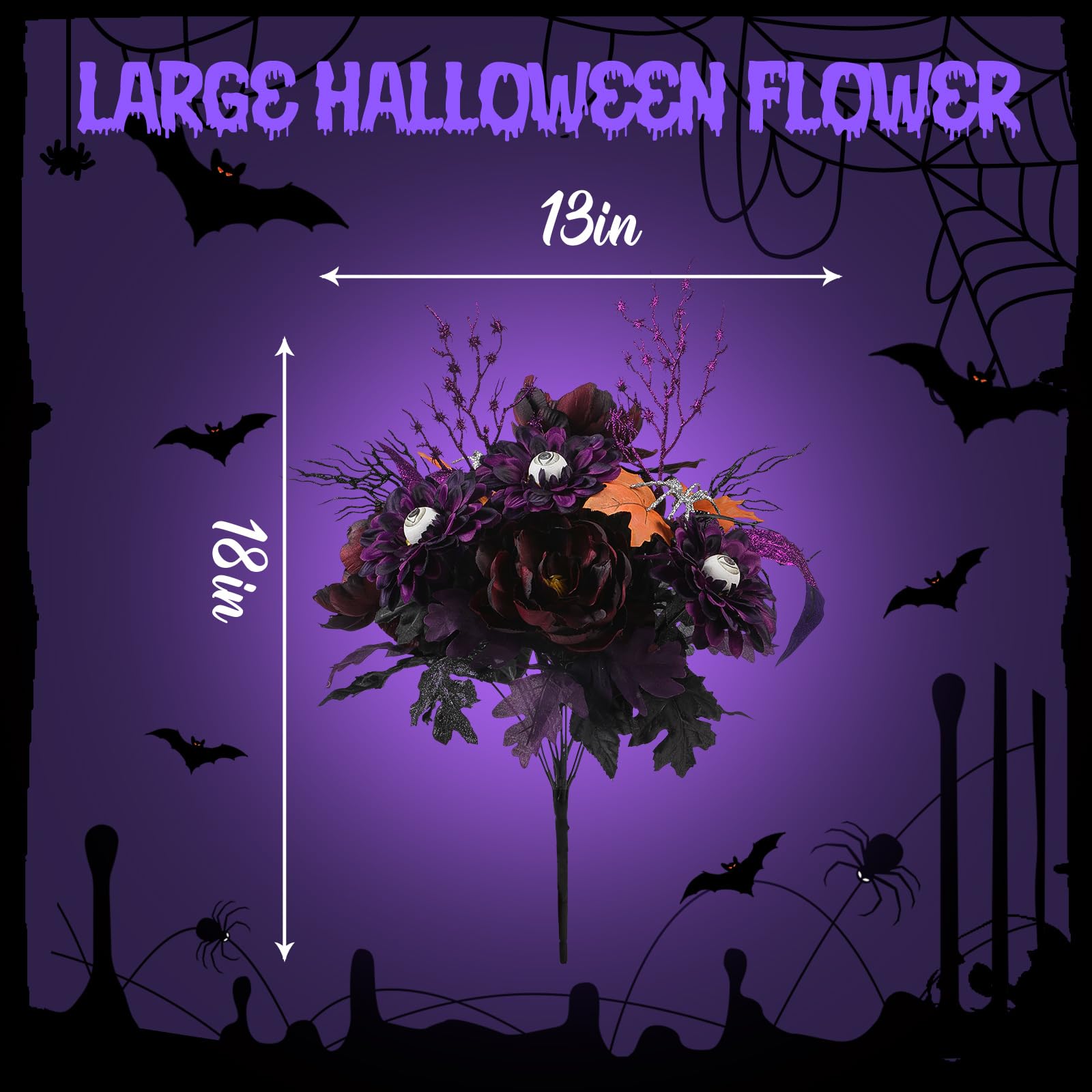 2 pcs Large Artificial Halloween Purple Fake Flower with Glitter Spider&Eyeball - SHareconn