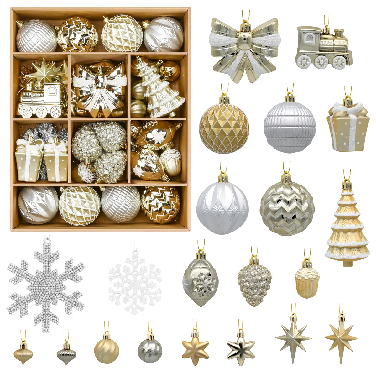 82pcs Gold and White Christmas Balls Ornaments Set with Hanging Strings