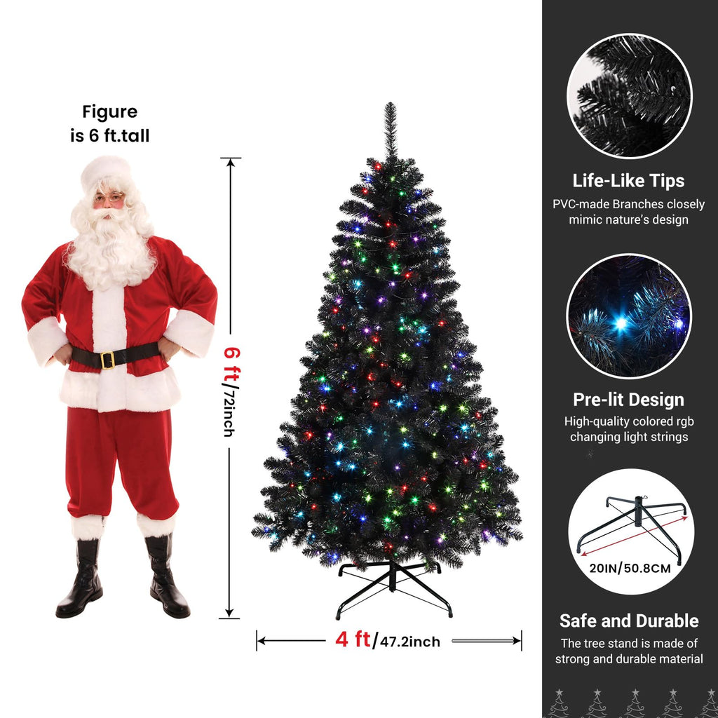 SHareconn 6ft Prelit Premium Artificial Hinged Christmas Tree with 250 RGB Lights, 952 Branch Tips and Foldable Metal Stand, Perfect Choice for Xmas Decoration, 6 FT, Black - SHareconn