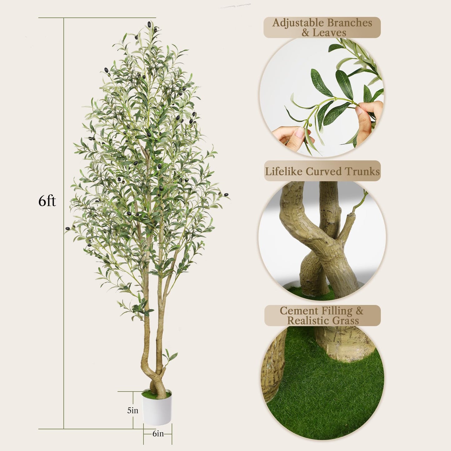 Alupssuc 4FT Artificial Olive Tree, Faux Olive Tree with Curved Trunk & Lifelike Leaves in White Pots, 120cm