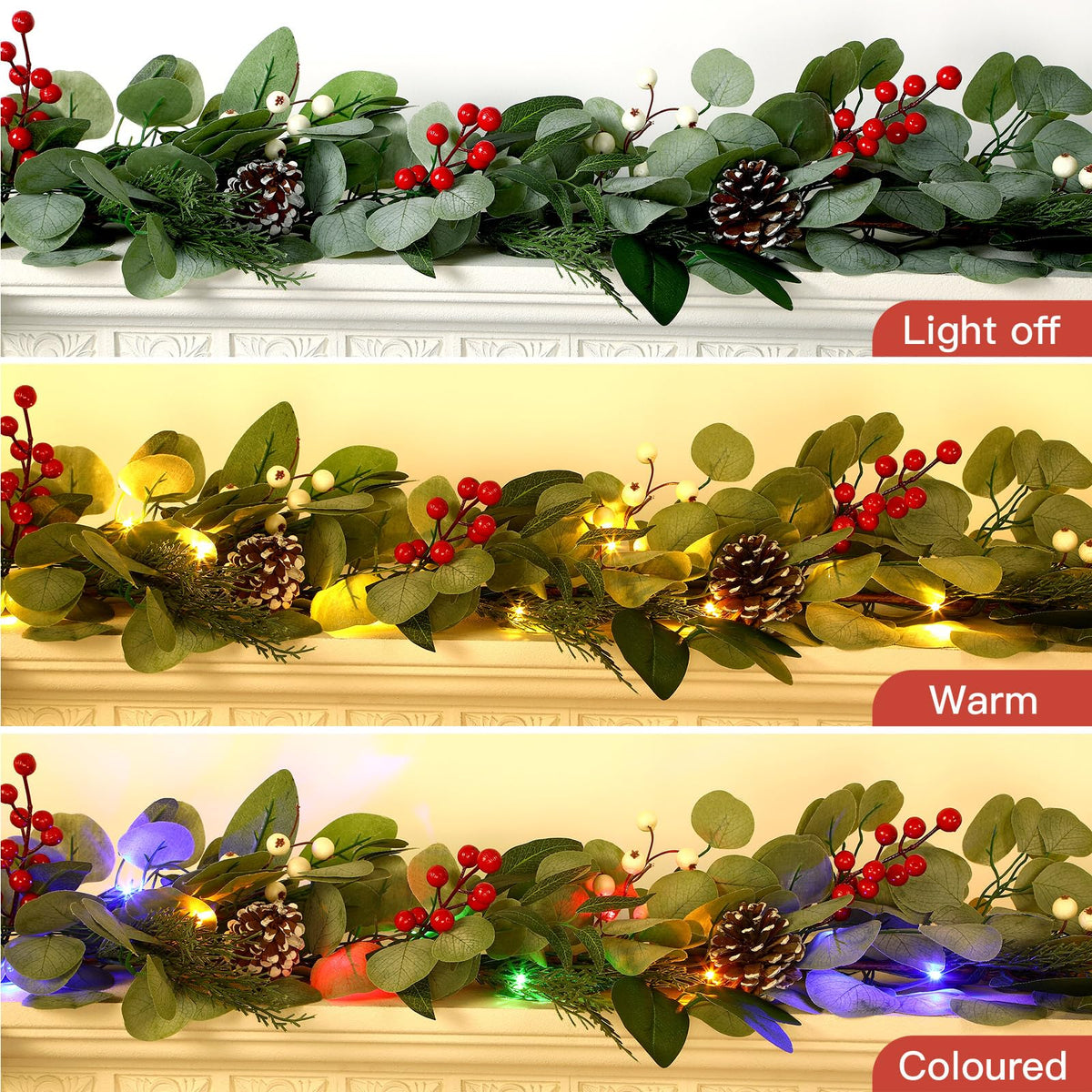 9ft Prelit Multi-Color Lights/Battery Operated Artificial Eucalyptus Christmas Garland