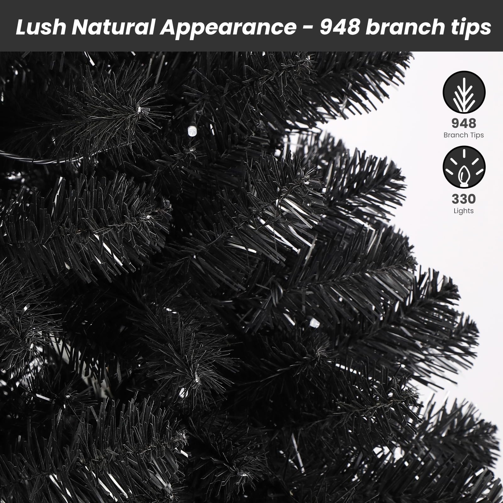 SHareconn 6ft Prelit Premium Artificial Hinged Christmas Tree with 250 RGB Lights, 952 Branch Tips and Foldable Metal Stand, Perfect Choice for Xmas Decoration, 6 FT, Black - SHareconn