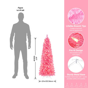 Hareconn 4ft Prelit Artificial Hinged Slim Pencil Christmas Tree with Warm White Lights, Full Branch Tips, Perfect Choice Decoration for Xmas Holiday, 4 FT, Pink - SHareconn