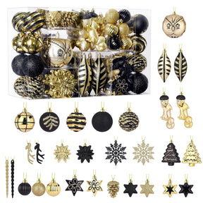 96pcs Black & Gold Forest Theme and Animal Designs Christmas Tree Ornaments Set