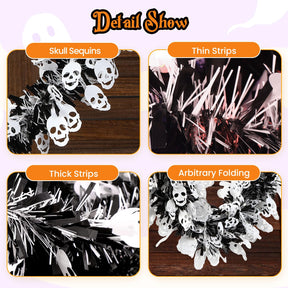 6 Pieces Total 50 FT Halloween Tinsel Garland with Skull Sequins, Metallic Shiny Twist Garland Hanging Decorations for Halloween Party Indoor and Outdoor Decor, Black and White - SHareconn
