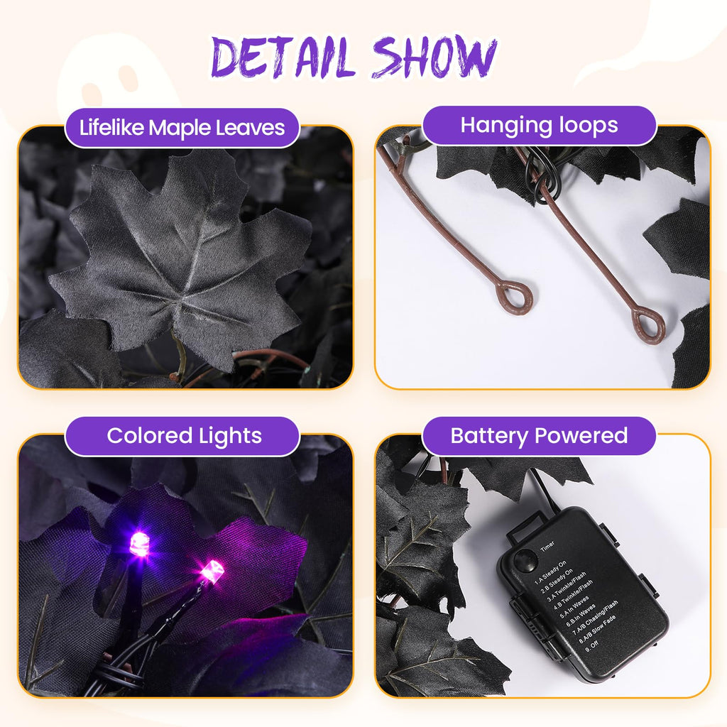 2 Pcs Halloween Black Garlands Decorations with Color Lights and Timer-6FT - SHareconn