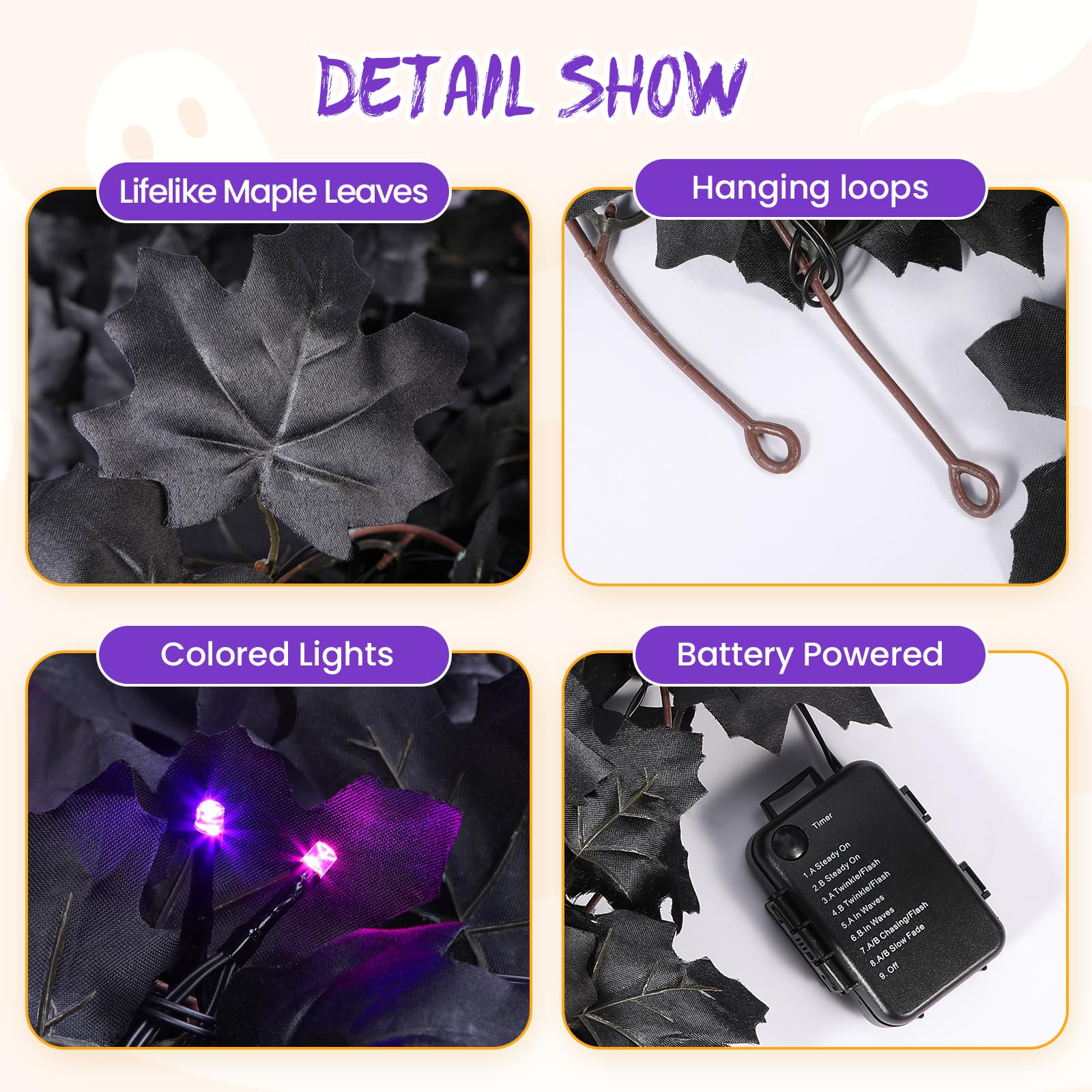 2 Pcs Halloween Black Garlands Decorations with Color Lights and Timer-6FT - SHareconn