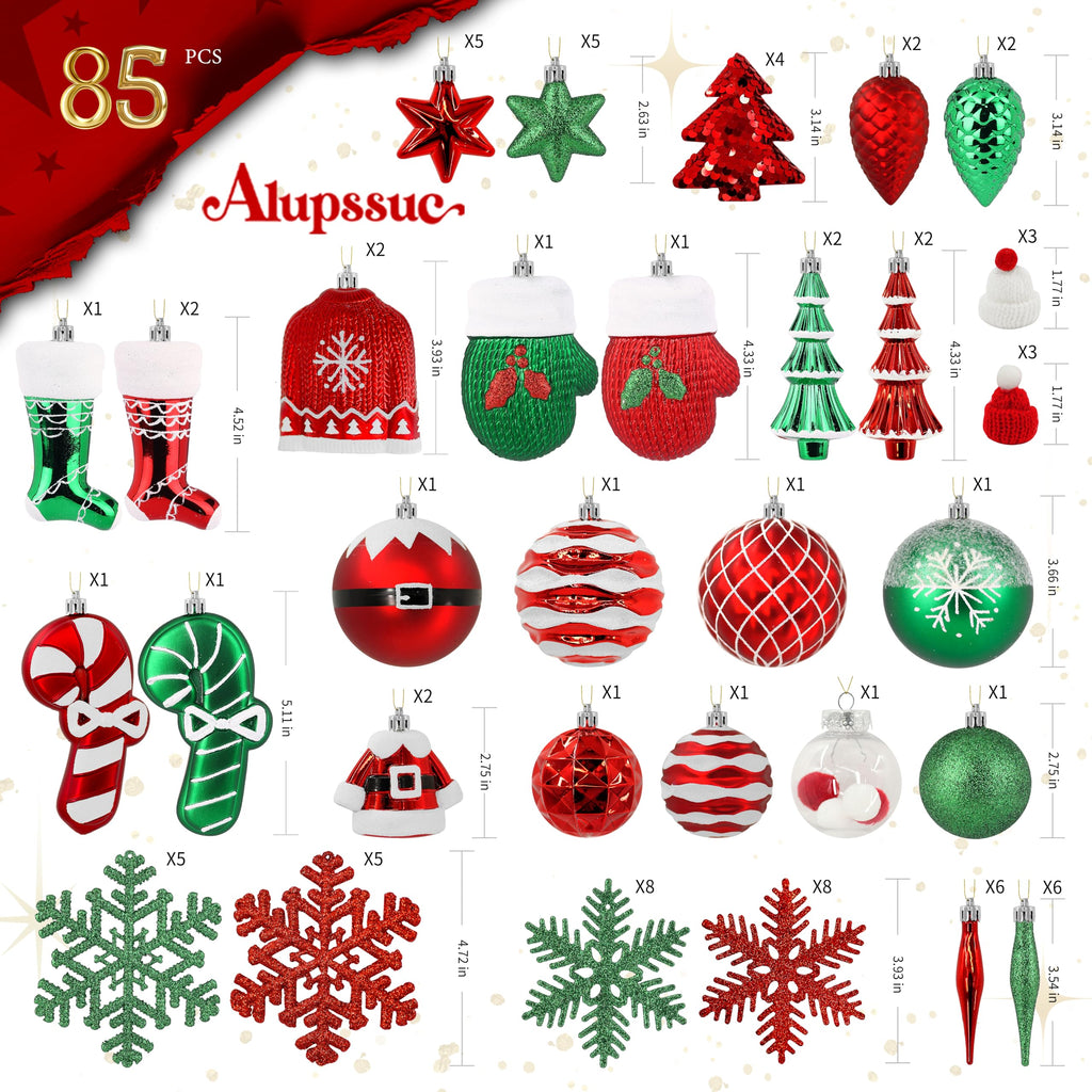 85ct RedGreenWhite Christmas Balls Ornaments Set with Hanging Strings