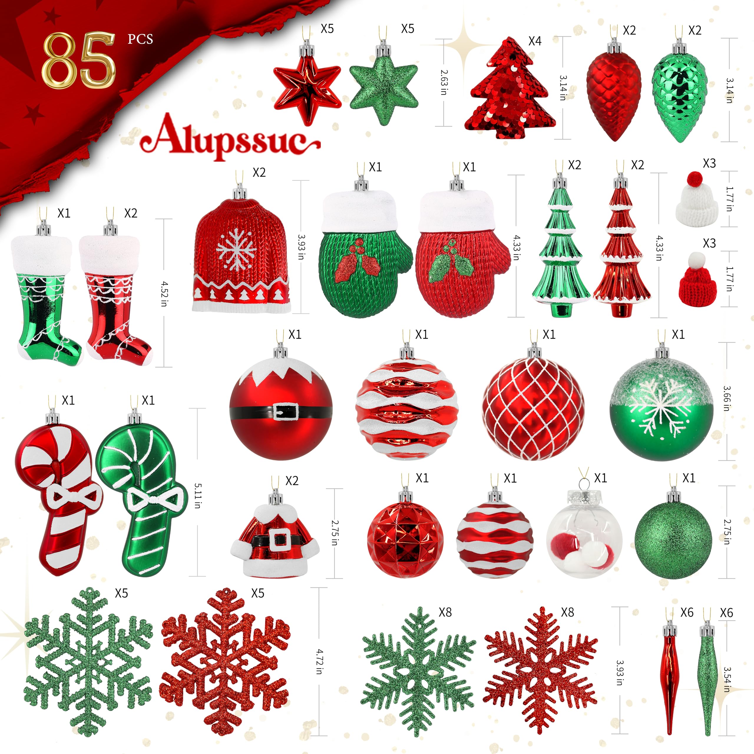 85ct RedGreenWhite Christmas Balls Ornaments Set with Hanging Strings