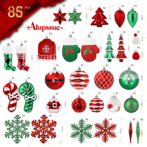 85ct RedGreenWhite Christmas Balls Ornaments Set with Hanging Strings