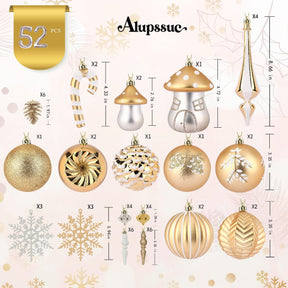 52pcs White & Gold Forest Theme Christmas Tree Ornaments Set