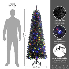 SHareconn 6ft Premium Prelit Artificial Hinged Slim Pencil Christmas Tree with Remote Control, 240 Warm White & Multi-Color Lights, Full Branch Tips, First Choice Decorations for X-mas, 6 FT, Black - SHareconn
