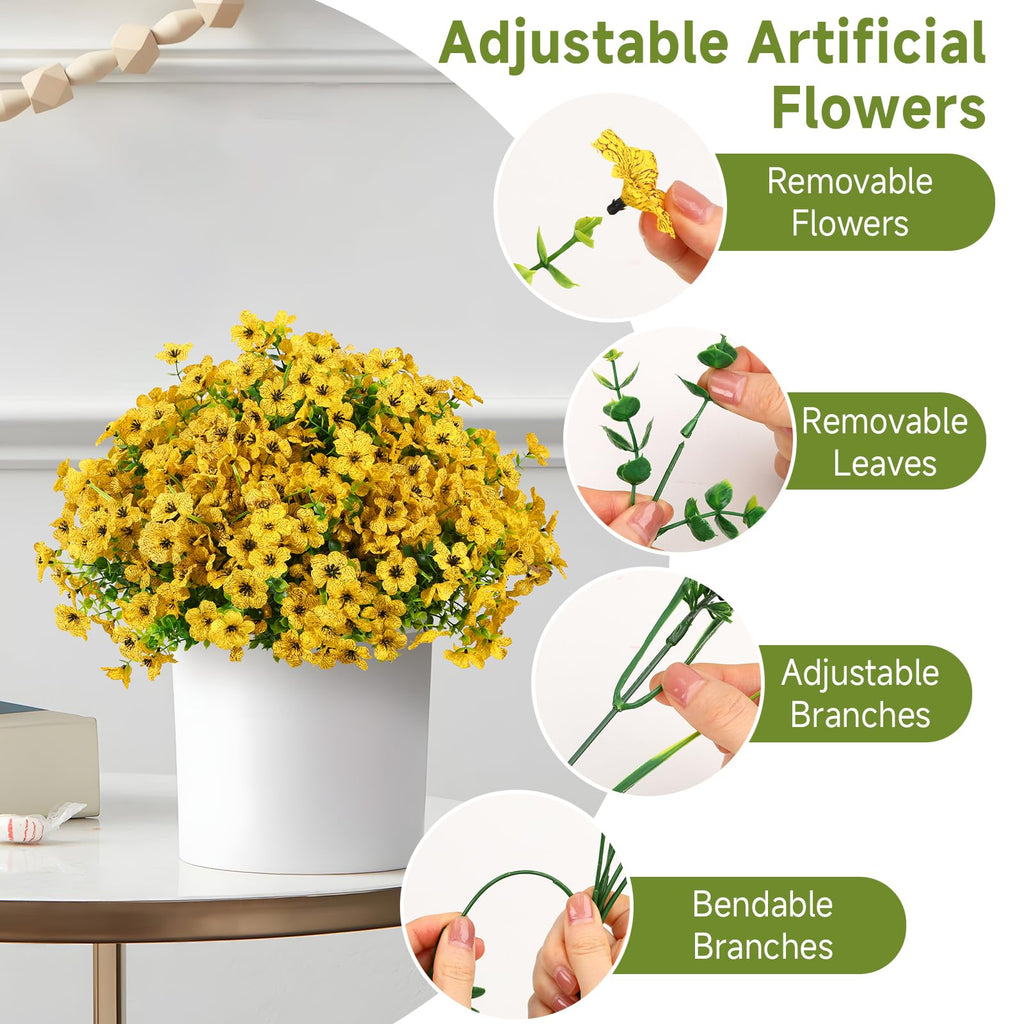 24 Bundles Artificial Flowers for Outdoors Decoration, UV Resistant Silk Violet Faux Colorful Daisy Eucalyptus, Yellow