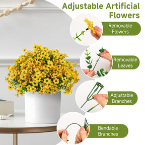 24 Bundles Artificial Flowers for Outdoors Decoration, UV Resistant Silk Violet Faux Colorful Daisy Eucalyptus, Yellow
