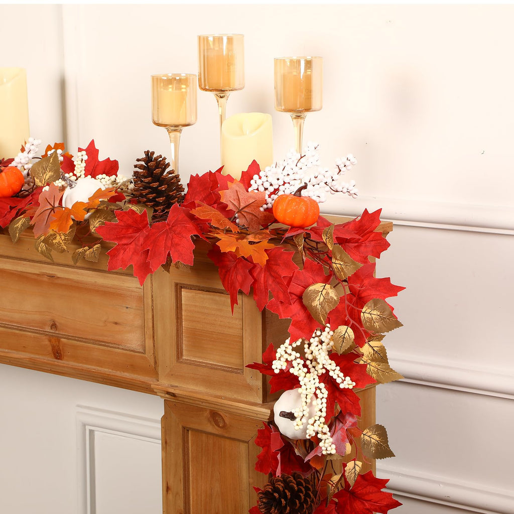 6FT Fall Garland Decor Red Pumpkin & Maple Leaves Garland (Harvest Red) - SHareconn
