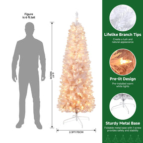 SHareconn 6ft Prelit Artificial Hinged Slim Pencil Christmas Tree with Warm White Lights, Full Branch Tips, Perfect Choice Decoration for Xmas Holiday, 6 FT, White - SHareconn