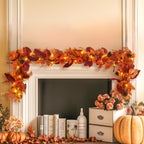 6FT Autumn Pumpkin & Maple Leaves Garland with Prelit 30 LED Lights [Warm White & Orange] - SHareconn