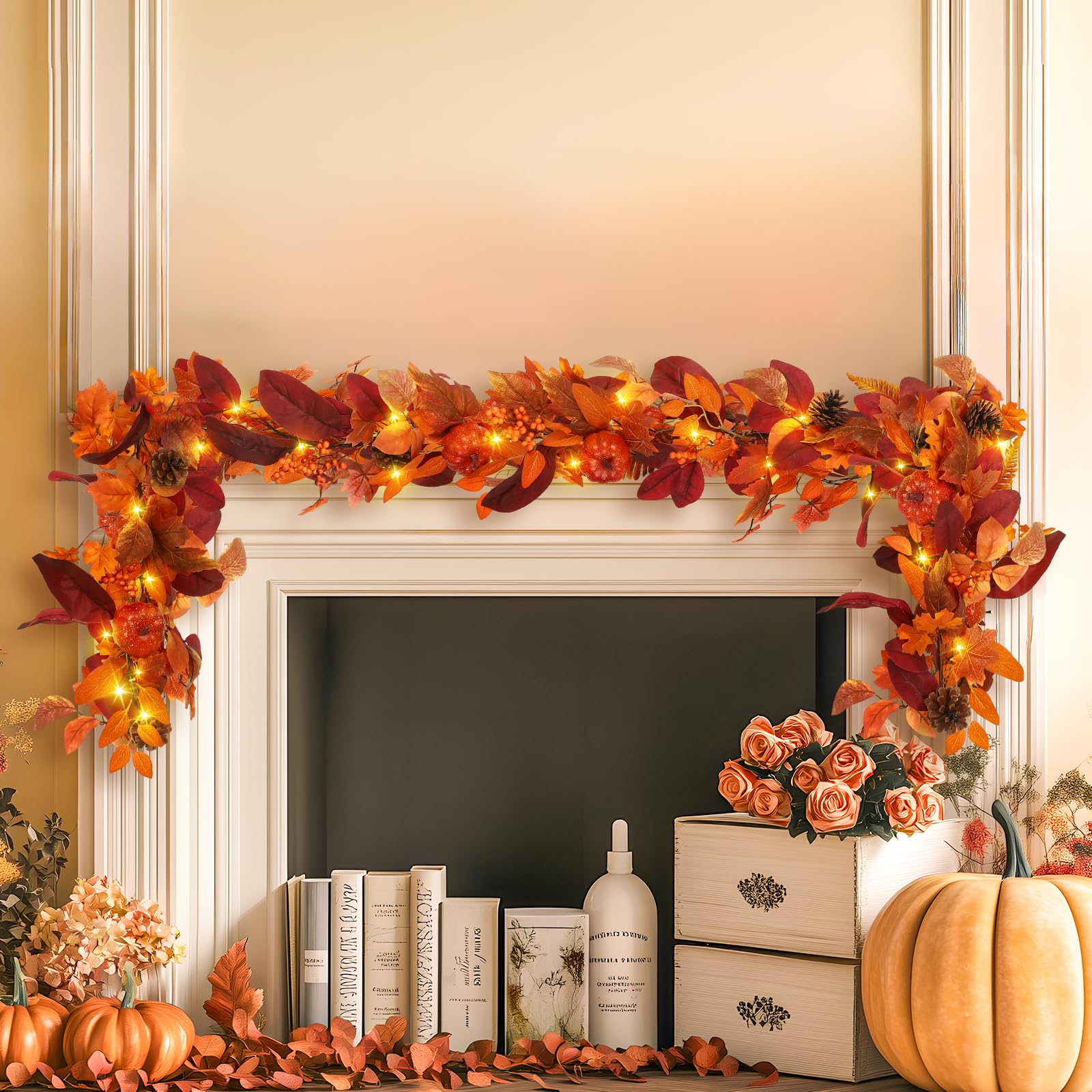 6FT Autumn Pumpkin & Maple Leaves Garland with Prelit 30 LED Lights [Warm White & Orange] - SHareconn