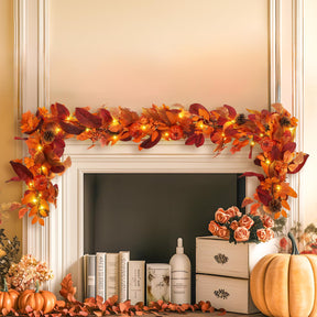 6FT Autumn Pumpkin & Maple Leaves Garland with Prelit 30 LED Lights [Warm White & Orange] - SHareconn