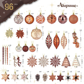 96pcs Bronze Copper & Gold Forest Theme and Animal Designs Christmas Tree Ornaments Set