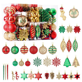 96pcs Red Green & Gold Forest Theme and Animal Designs Christmas Tree Ornaments Set