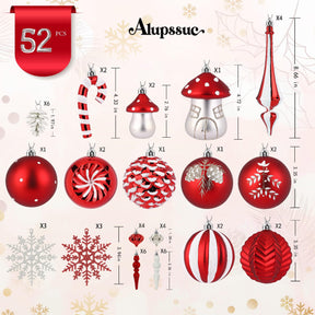 52pcs White & Red Forest Theme Christmas Tree Ornaments Set