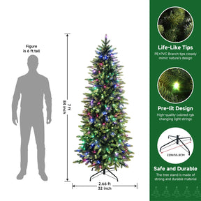 7ft Prelit Artificial Hinged Christmas Tree with Remote Control, 330 Pre-Lit Multi-Color RGB Lights and 1809 PE & PVC Branch Tips, Perfect Choice for Xmas Decoration, 7 FT - SHareconn