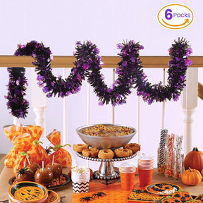 Alupssuc 6 Pieces Total 50 FT Halloween Tinsel Garland with Spider Web Sequins, Metallic Shiny Twist Garland Hanging Decorations for Halloween Party Indoor and Outdoor Decor, Black and Purple - SHareconn