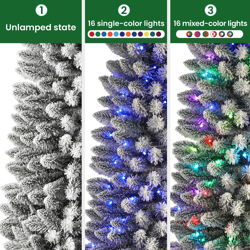 SHareconn 7.5ft Prelit Snow Flocked Artificial Hinged Slim Pencil Christmas Tree, with Remote Controlled Multi-Color RGB Lights, Full Branch Tips,Good Choice Decoration for Xmas Holiday,7.5 FT, Green - SHareconn