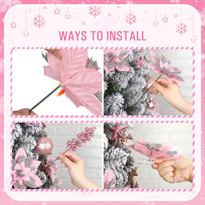 24 Pcs Pink & Silver Boxed 12Pcs Poinsettias Artificial Christmas Flowers+12Pcs Holly Berry Stems for Christmas Tree Decor