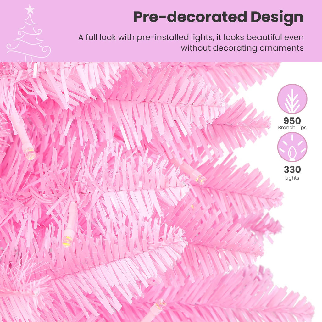 SHareconn 6ft Prelit Premium Artificial Hinged Christmas Tree with Remote Control,Timer,and 330 Warm White & Color LED Changing Lights,950 Branch Tips,Perfect Choice for Xmas Decoration,6 FT,Pink - SHareconn