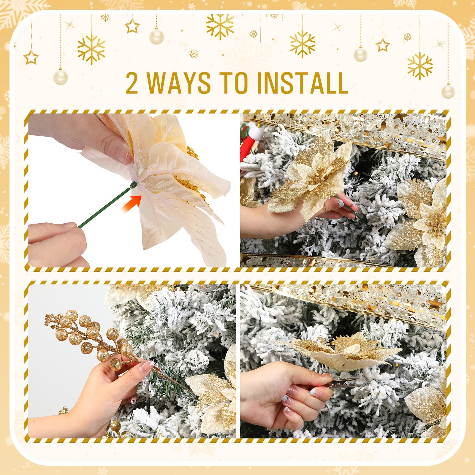 24 Pcs Christmas Wreath Decoration 12pcs Pink Artificial Christmas Flower+12pcs Holly Berry Stem Gold - SHareconn