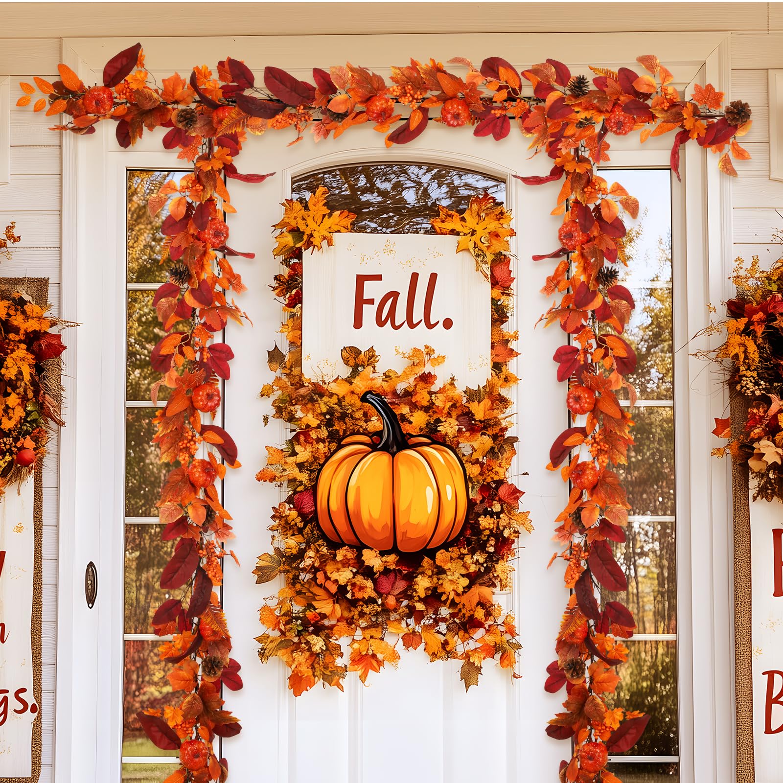 6FT Autumn Pumpkin & Maple Leaves Garland with Prelit 30 LED Lights [Warm White & Orange] - SHareconn