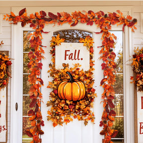 6FT Autumn Pumpkin & Maple Leaves Garland with Prelit 30 LED Lights [Warm White & Orange] - SHareconn