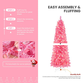 Hareconn 4ft Prelit Artificial Hinged Slim Pencil Christmas Tree with Warm White Lights, Full Branch Tips, Perfect Choice Decoration for Xmas Holiday, 4 FT, Pink - SHareconn