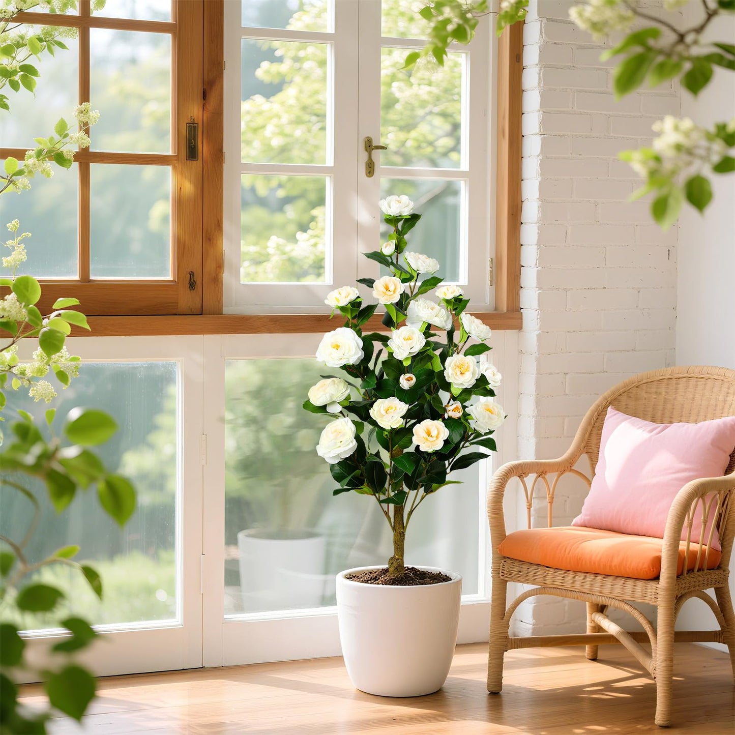 2 Pack Faux White/Pink/Orange Camellia Tree, 3FT/4FT