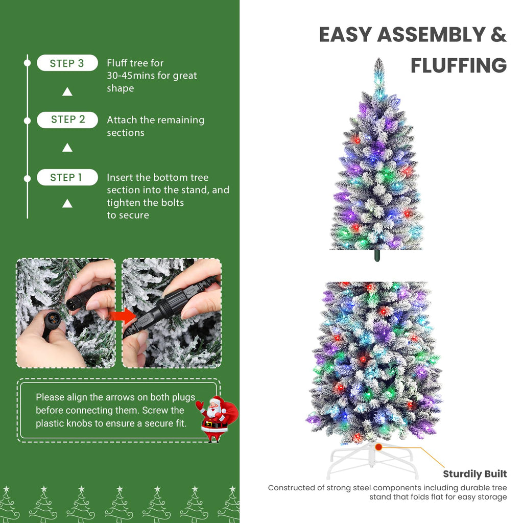 4ft Prelit Multi-Color RGB Lights Snow Flocked Artificial Hinged Slim Pencil Christmas Tree with Remote Control