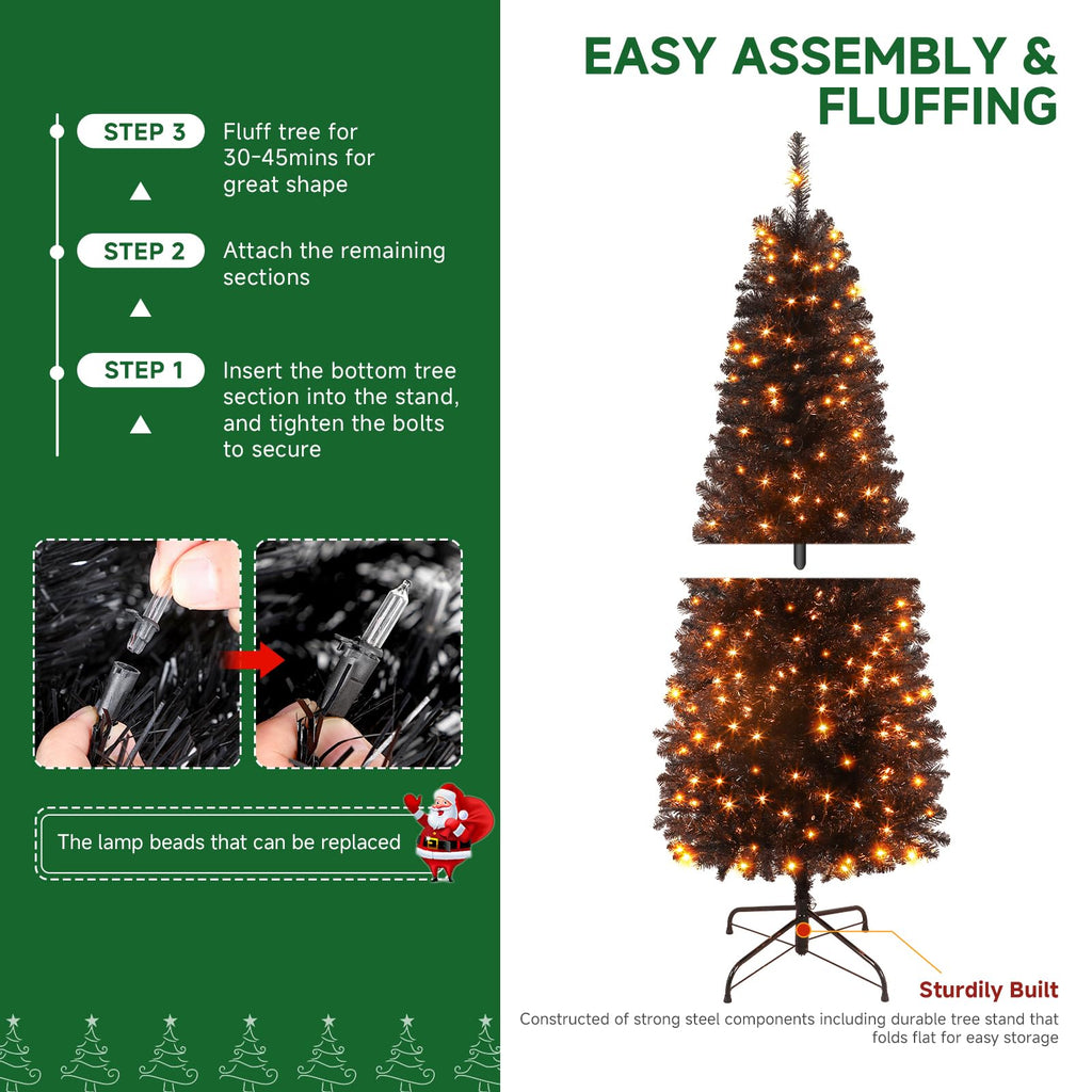 SHareconn 4ft Prelit Artificial Hinged Slim Pencil Christmas Tree with Warm White Lights, Full Branch Tips, Perfect Choice Decoration for Xmas Holiday, 4 FT, Black - SHareconn