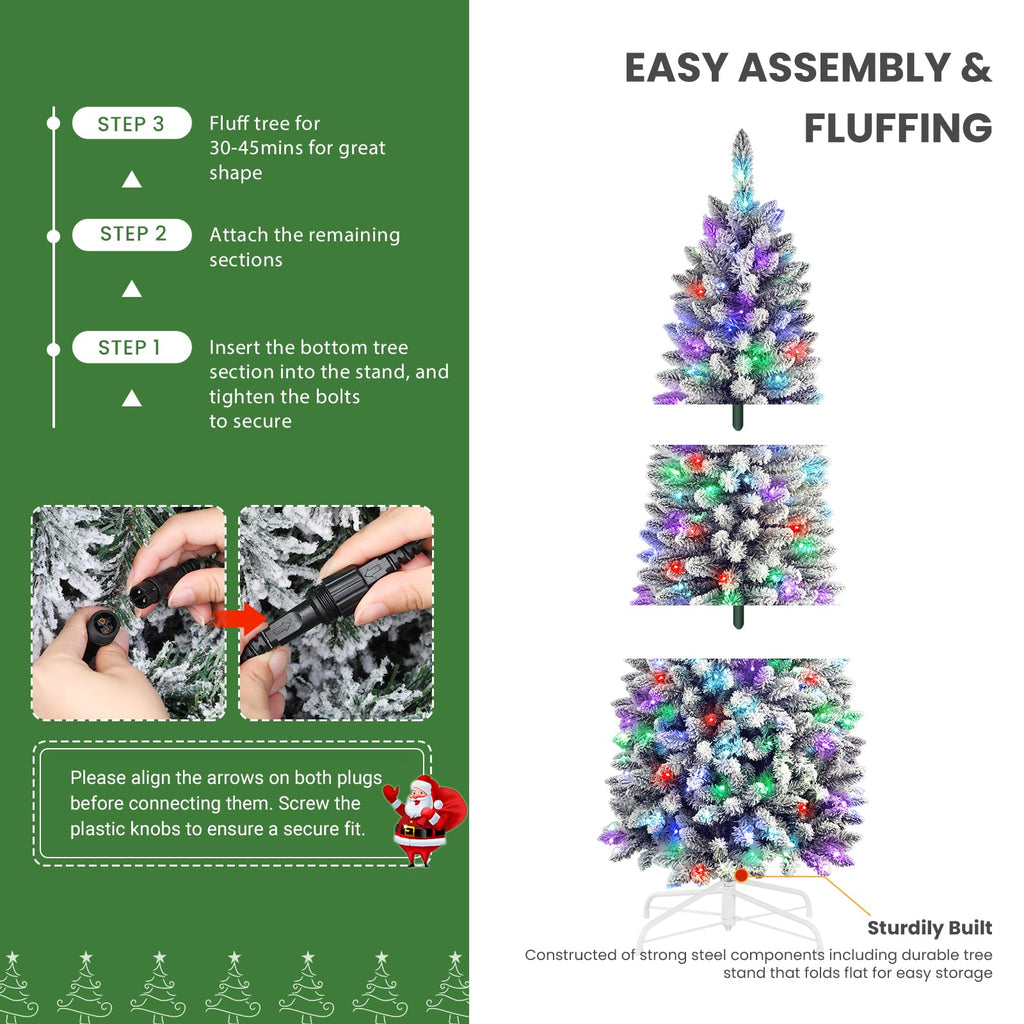 SHareconn 7.5ft Prelit Snow Flocked Artificial Hinged Slim Pencil Christmas Tree, with Remote Controlled Multi-Color RGB Lights, Full Branch Tips,Good Choice Decoration for Xmas Holiday,7.5 FT, Green - SHareconn
