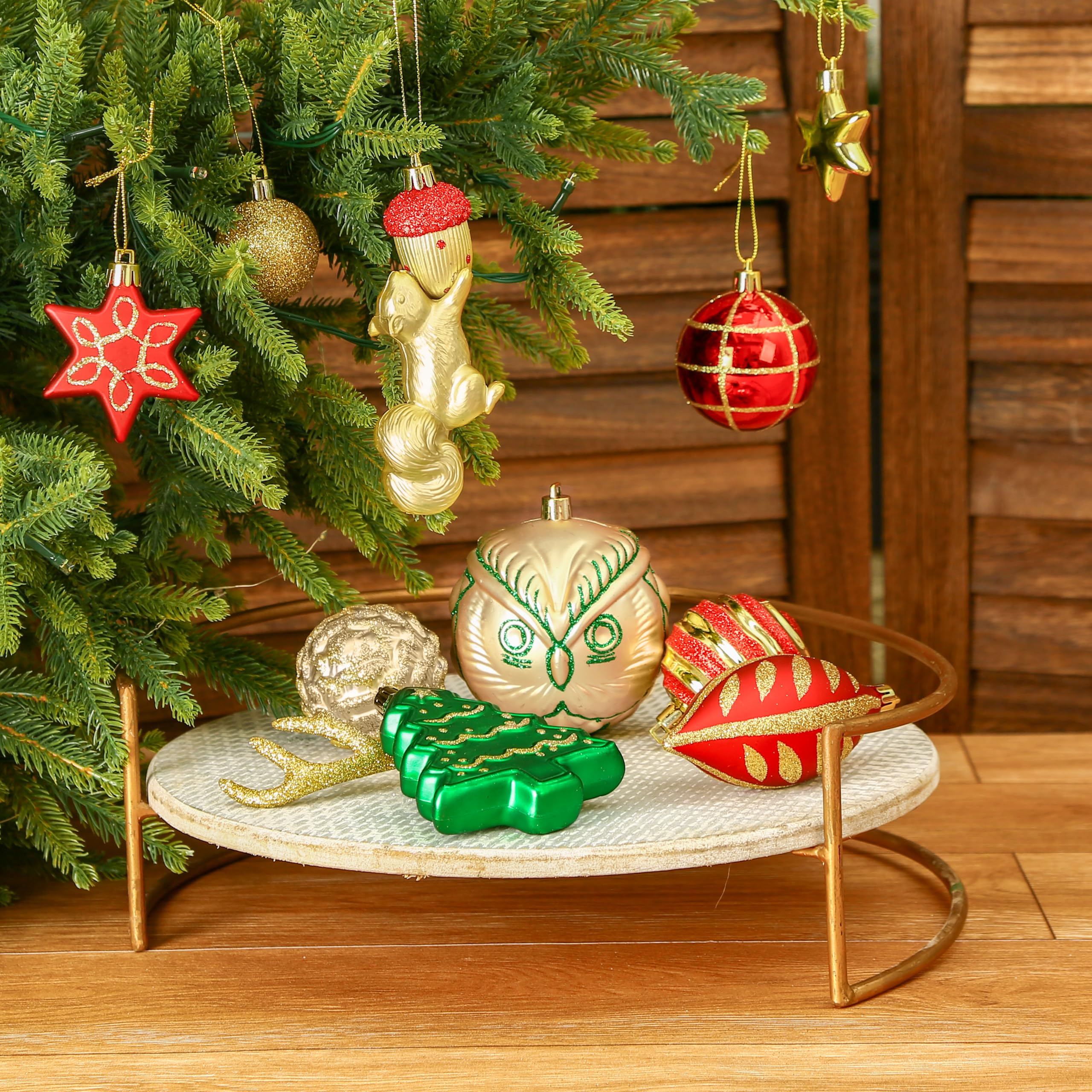96pcs Red Green & Gold Forest Theme and Animal Designs Christmas Tree Ornaments Set
