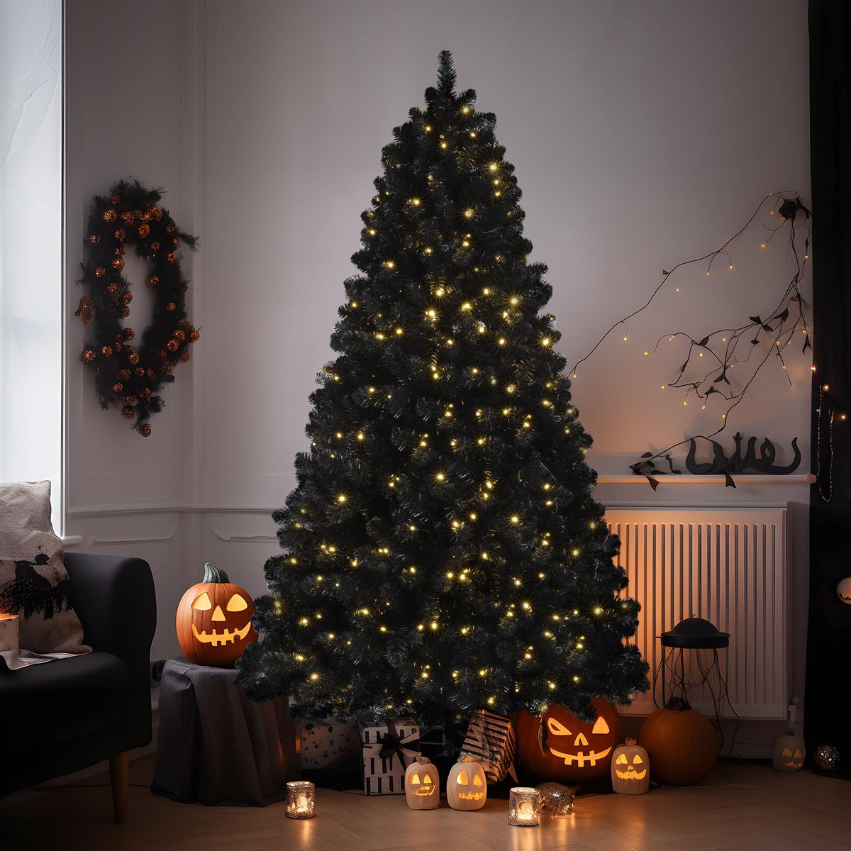 SHareconn 4ft Prelit Premium Artificial Hinged Christmas Tree with Remote Control,Timer, Warm White & Color LED Changing Lights, Branch Tips, Perfect Choice for Xmas Decoration, 4 FT,Black - SHareconn