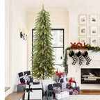 6ft Prelit Artificial Wooden Pole Pencil Christmas Tree with Remote, Pre-Lit 160 Warm White & Multi-Color Lights, 419 Branch Tips, Skinny Tree for Xmas Holiday Decoration, 6 FT - SHareconn
