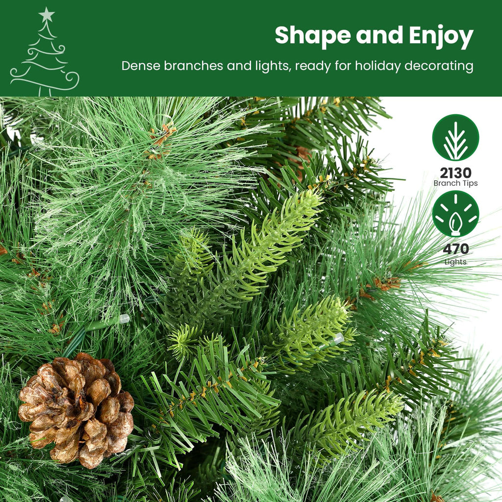 SHareconn 9ft Prelit Artificial Hinged Christmas Pine Tree with Remote Control, Pre-Lit 470 Led Color Changing RGB Lights, Pine Cones, Perfect Choice for Xmas Decoration, 9FT - SHareconn