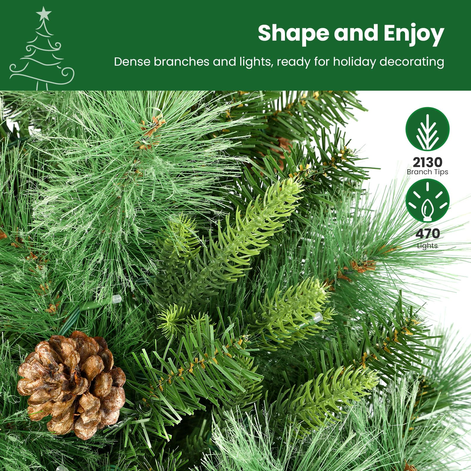 SHareconn 9ft Prelit Artificial Hinged Christmas Pine Tree with Remote Control, Pre-Lit 470 Led Color Changing RGB Lights, Pine Cones, Perfect Choice for Xmas Decoration, 9FT - SHareconn